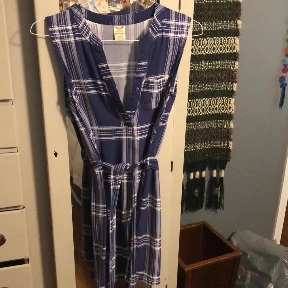 blue plaid tie up dress
